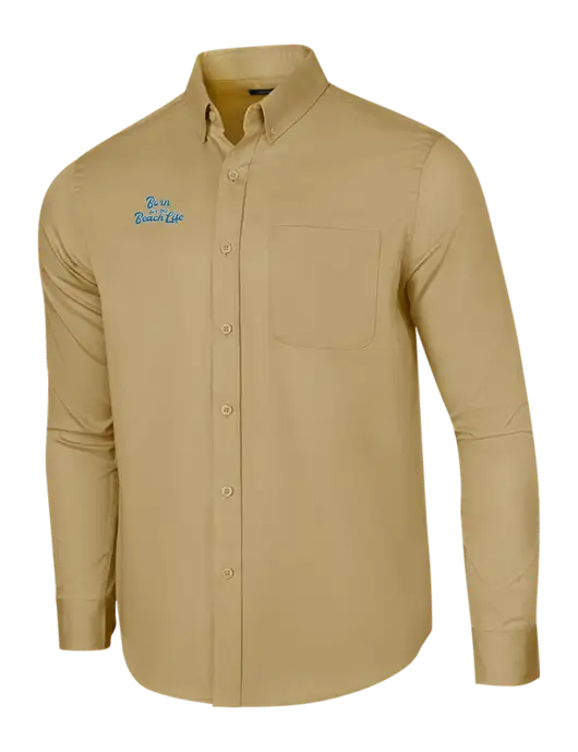 Long Sleeve Dark Tan Superpro React Twill Shirt w/Beach Life Text Logo
