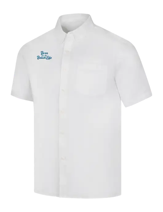 Short Sleeve White Superpro React Twill Shirt w/Beach Life Text Logo
