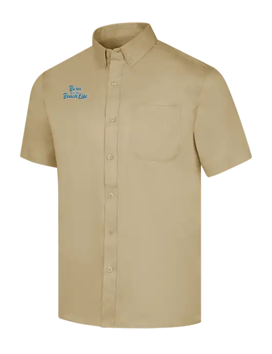 Short Sleeve Dark Tan Superpro React Twill Shirt w/Beach Life Text Logo