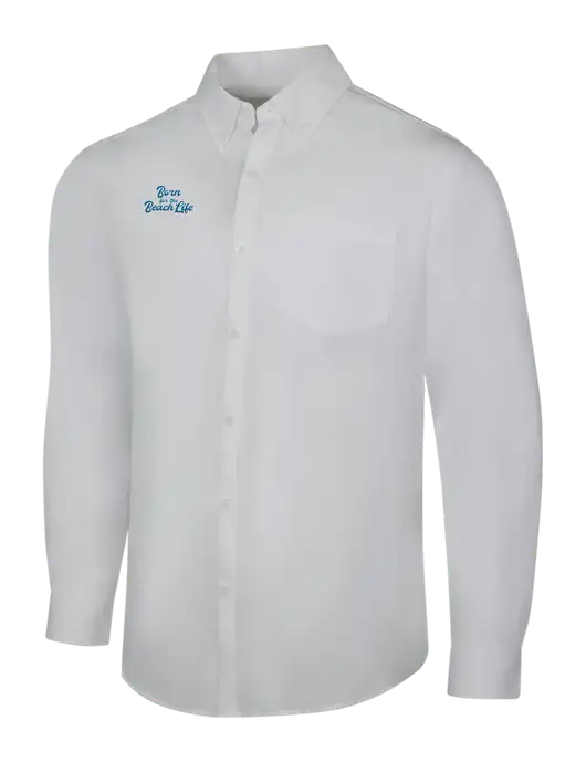 White Long Sleeve Carefree Poplin Shirt w/Beach Life Text Logo