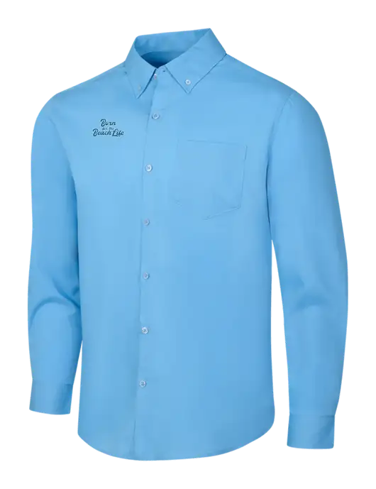 Carolina Blue Long Sleeve Carefree Poplin Shirt w/Beach Life Text Logo