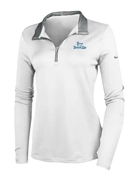 NIKE White/Dark Grey Womens Dry-Fit Stretch 1/2 Zip Cover-Up w/Beach Life Text Logo