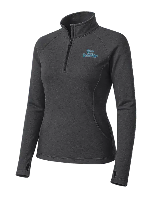 Dark Grey Heather Womens Sport Wick Stretch 1/4 Zip Pullover w/Beach Life Text Logo