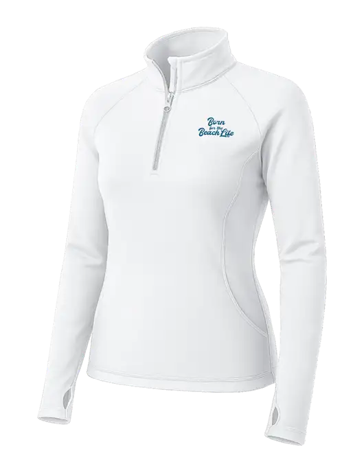 White Womens Sport Wick Stretch 1/4 Zip Pullover w/Beach Life Text Logo