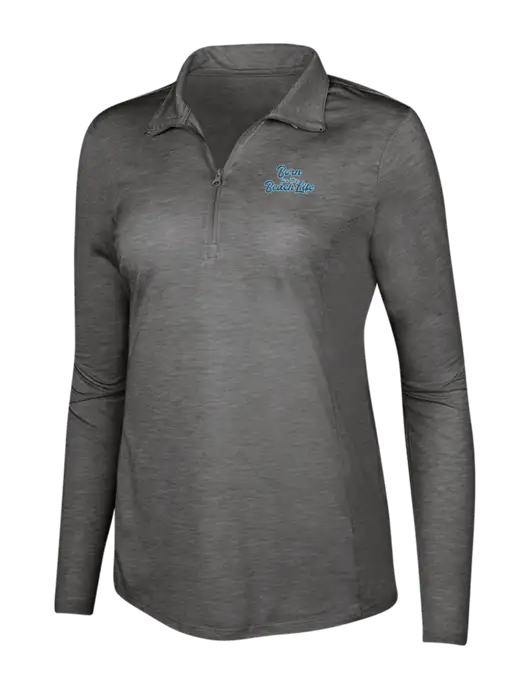 Dark Grey Heather Womens Posicharge Tri-Blend Wicking 1/4 Zip Pullover w/Beach Life Text Logo