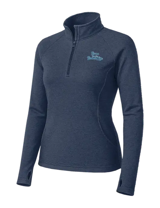 Navy Heather Womens Sport Wick Stretch 1/4 Zip Pullover w/Beach Life Text Logo