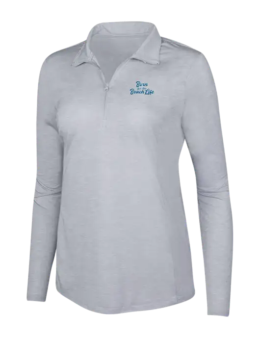 Light Grey Heather Womens Posicharge Tri-Blend Wicking 1/4 Zip Pullover w/Beach Life Text Logo