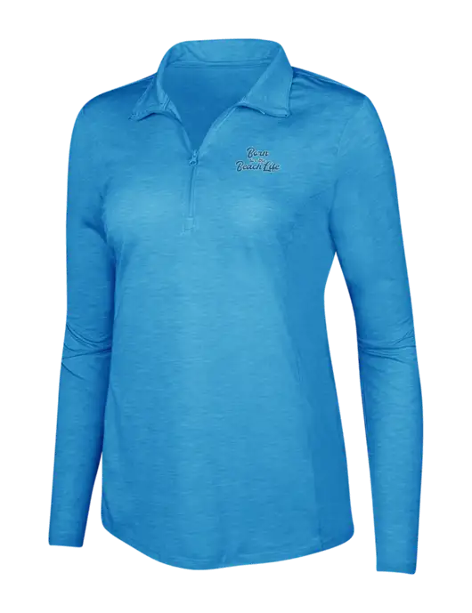 Light Blue Heather Womens Posicharge Tri-Blend Wicking 1/4 Zip Pullover w/Beach Life Text Logo