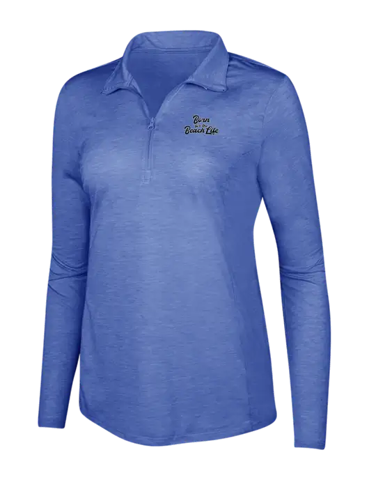 True Royal Heather Womens Posicharge Tri-Blend Wicking 1/4 Zip Pullover w/Beach Life Text Logo