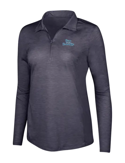 True Navy Heather Womens Posicharge Tri-Blend Wicking 1/4 Zip Pullover w/Beach Life Text Logo