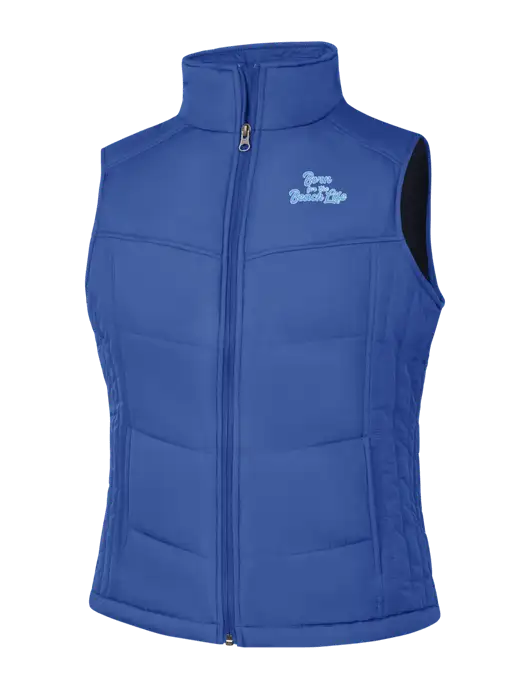Womens Dark Royal Blue/Black Puffy Vest w/Beach Life Text Logo