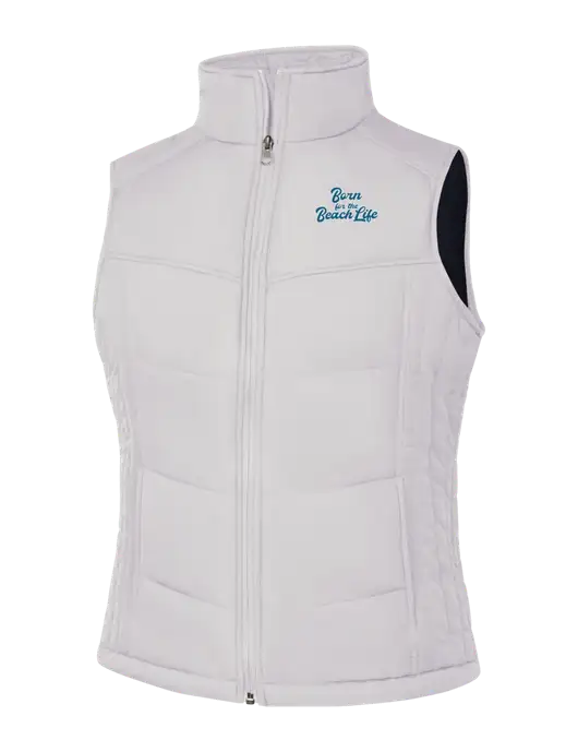 Womens White/Dark Slate Puffy Vest w/Beach Life Text Logo