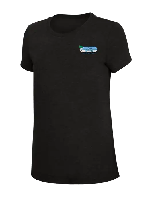 Womens Simply Soft Black 4.5oz Poly/Combed Ring Spun Cotton T-Shirt w/Beach Life Logo