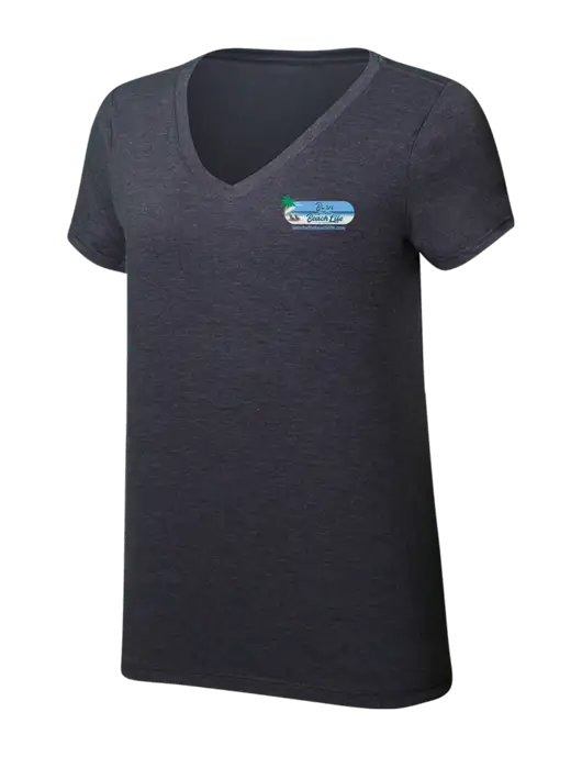 Womens Simply Soft V-Neck Heather Charcoal 4.5oz  Poly/Combed Ring Spun Cotton T-Shirt w/Beach Life Logo