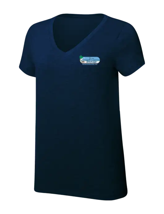 Womens Simply Soft V-Neck New Navy 4.5oz  Poly/Combed Ring Spun Cotton T-Shirt w/Beach Life Logo