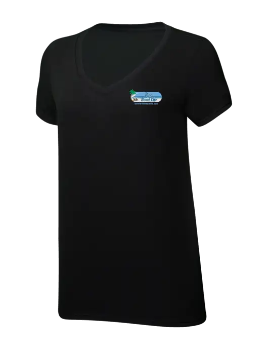 Womens Simply Soft V-Neck Black 4.5oz  Poly/Combed Ring Spun Cotton T-Shirt w/Beach Life Logo
