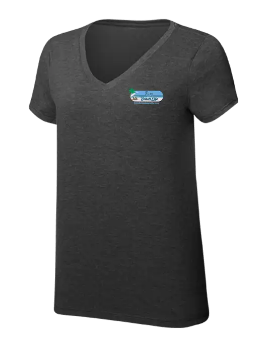 Womens Simply Soft V-Neck Black Frost 4.5oz  Poly/Combed Ring Spun Cotton T-Shirt w/Beach Life Logo