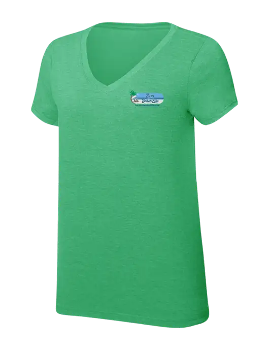 Womens Simply Soft V-Neck Green Frost 4.5oz  Poly/Combed Ring Spun Cotton T-Shirt w/Beach Life Logo