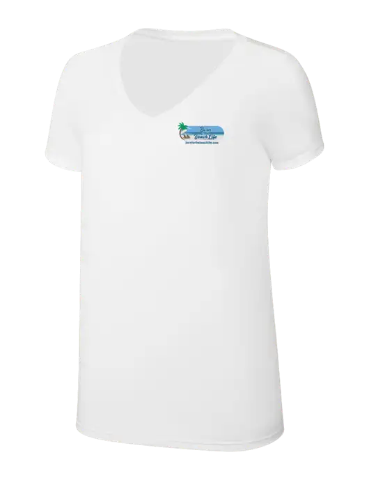 Womens Simply Soft V-Neck White 4.5oz  Poly/Combed Ring Spun Cotton T-Shirt w/Beach Life Logo
