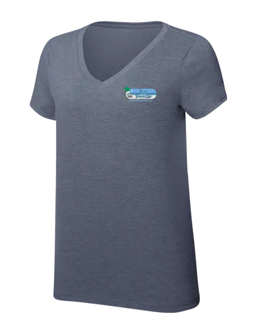Womens Simply Soft V-Neck Navy Frost 4.5oz  Poly/Combed Ring Spun Cotton T-Shirt w/Beach Life Logo