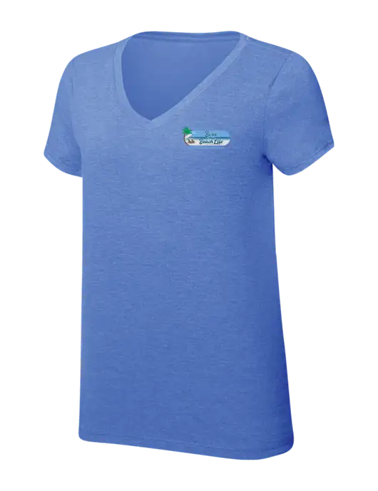 Womens Simply Soft V-Neck Royal Frost 4.5oz  Poly/Combed Ring Spun Cotton T-Shirt w/Beach Life Logo