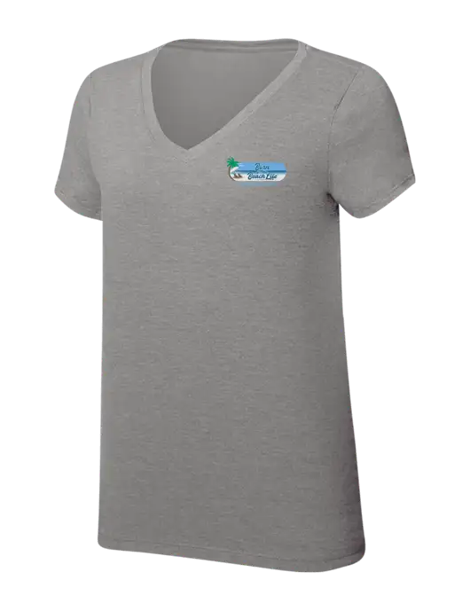 Womens Simply Soft V-Neck Grey Frost 4.5oz  Poly/Combed Ring Spun Cotton T-Shirt w/Beach Life Logo