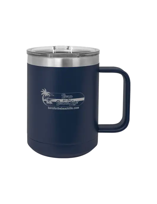 Polar Camel 15 oz Powder Coated Navy Vacuum Insulated Mug with Slider Lid w/Beach Life Logo