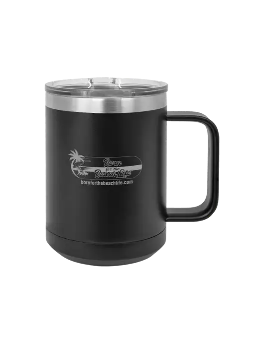 Polar Camel 15 oz Powder Coated Black Vacuum Insulated Mug with Slider Lid w/Beach Life Logo