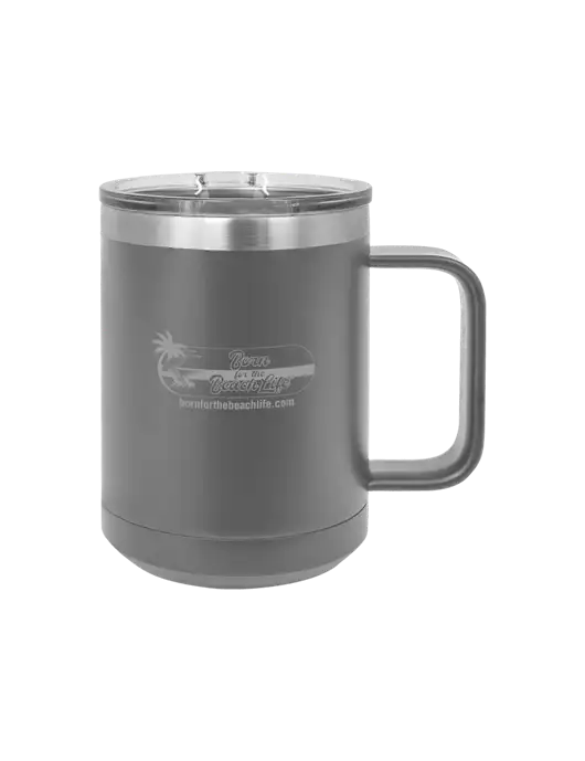 Polar Camel 15 oz Powder Coated Grey Vacuum Insulated Mug with Slider Lid w/Beach Life Logo