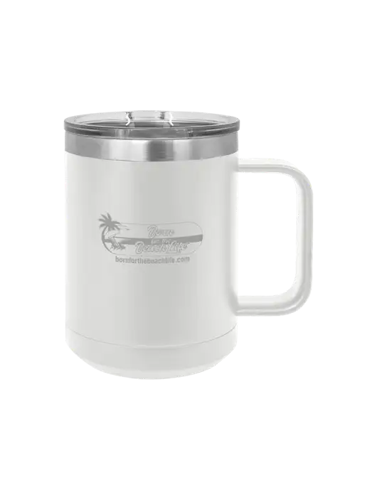 Polar Camel 15 oz Powder Coated White Vacuum Insulated Mug with Slider Lid w/Beach Life Logo
