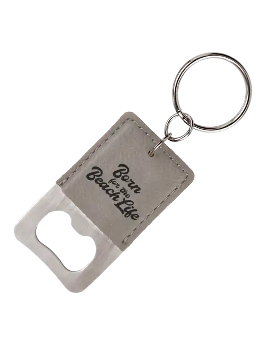 Grey Leatherette Rectangle Bottle Opener Keychain w/Beach Life Text Logo