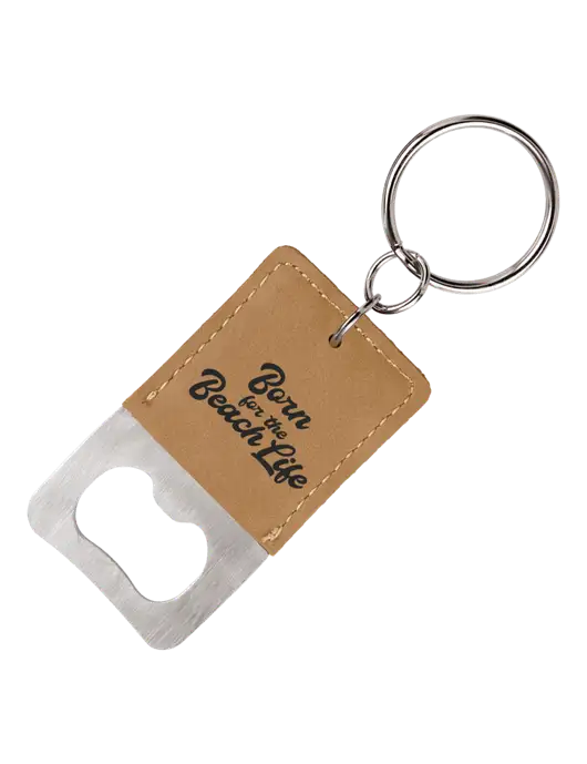 Tan Leatherette Rectangle Bottle Opener Keychain w/Beach Life Text Logo