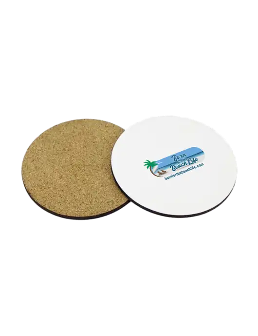 Gloss White Hardboard Round Coaster w/Cork Back, 3.75 w/Beach Life Logo