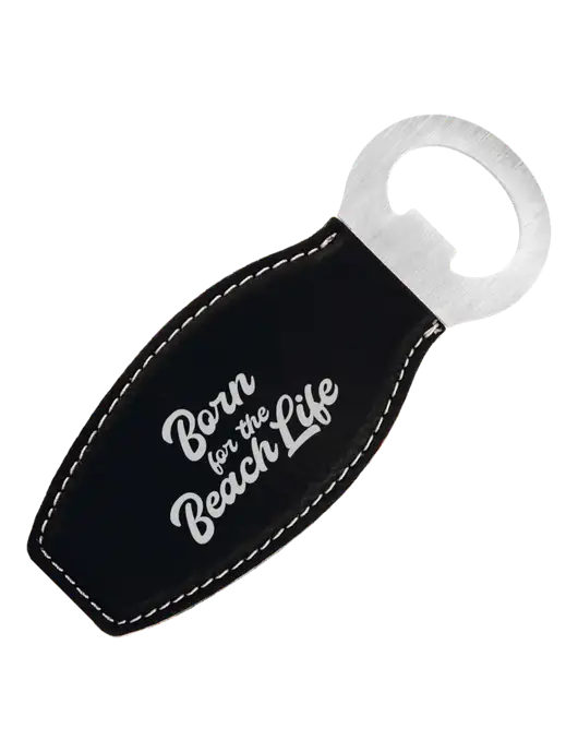 Black Leatherette Bottle Opener with Magnet w/Beach Life Text Logo