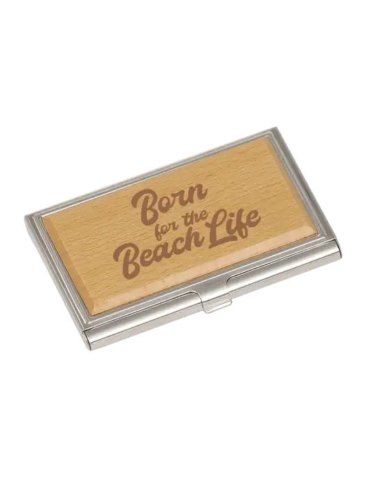 Wood & Silver Business Card Case w/Beach Life Text Logo