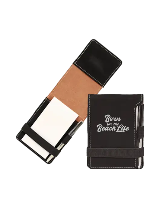 Black Leatherette Mini Notepad with Pen,  3.25 x 4.75 w/Beach Life Text Logo