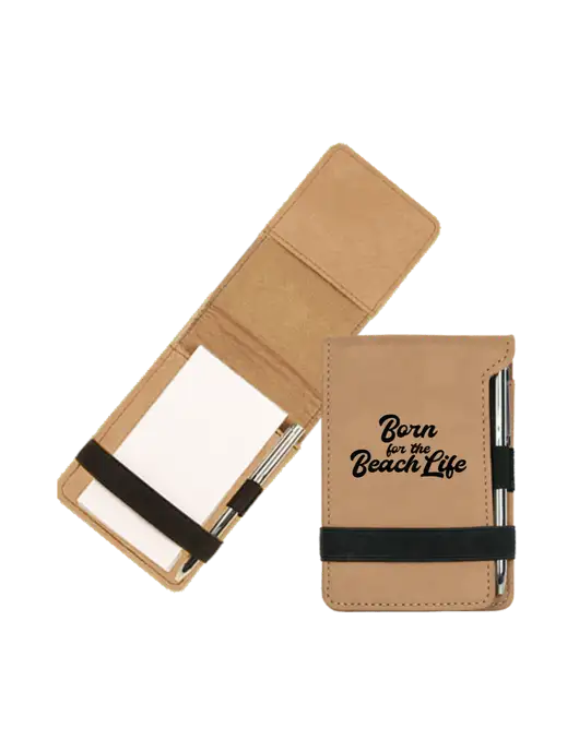 Tan Leatherette Mini Notepad with Pen,  3.25 x 4.75 w/Beach Life Text Logo