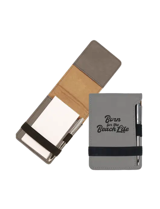 Grey Leatherette Mini Notepad with Pen,  3.25 x 4.75 w/Beach Life Text Logo