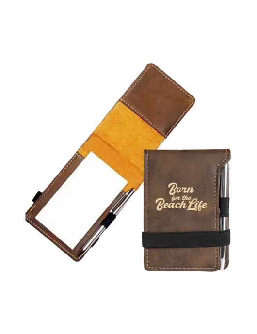 Rustic Leatherette Mini Notepad w/Pen, 3.25 x 4.75 w/Beach Life Text Logo