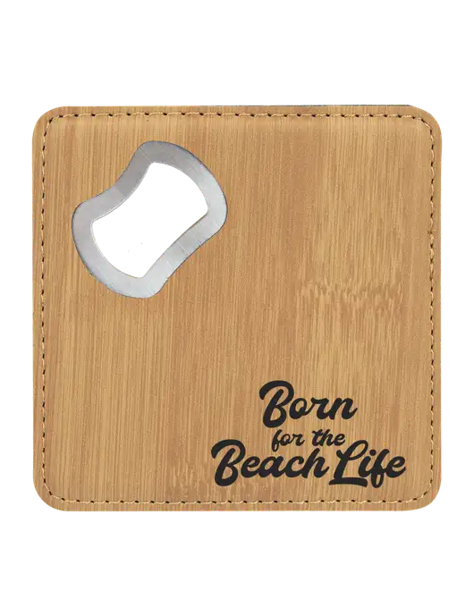 Bamboo Leatherette Coaster with Bottle Opener w/Beach Life Text Logo