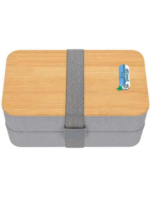 Double Decker Light Medium Grey Lunch Box w/Eco-Friendly FSC Bamboo Lid & Reusable Utensils w/Beach Life Logo