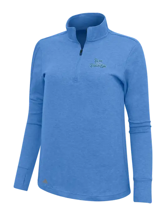 Adidas Light Blue Heather Womens 3 Stripes Quarter Zip Sweater w/Beach Life Text Logo