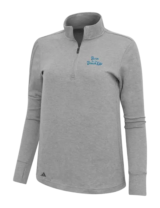 Adidas Light Grey Melange Womens 3 Stripes Quarter Zip Sweater w/Beach Life Text Logo