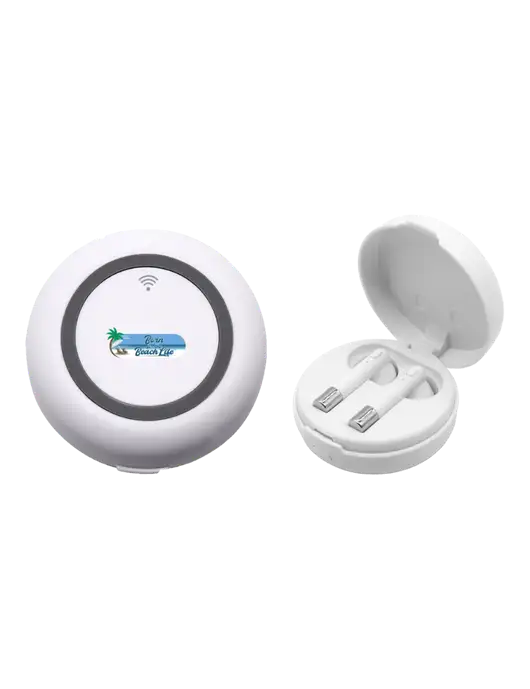 Harmony White Wireless Earbuds and Charging Pad w/Beach Life Logo