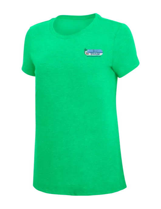 Womens Simply Soft Green Frost 4.5oz Poly/Combed Ring Spun Cotton T-Shirt w/Beach Life Logo