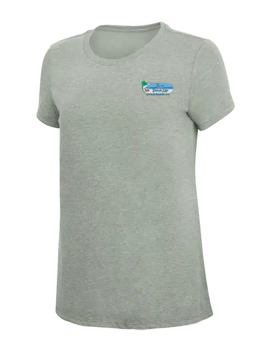 Womens Simply Soft Heathered Light Grey 4.5oz Poly/Combed Ring Spun Cotton T-Shirt w/Beach Life Logo