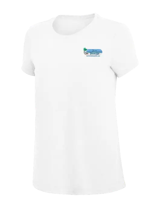 Womens Simply Soft White 4.5oz Poly/Combed Ring Spun Cotton T-Shirt
 w/Beach Life Logo