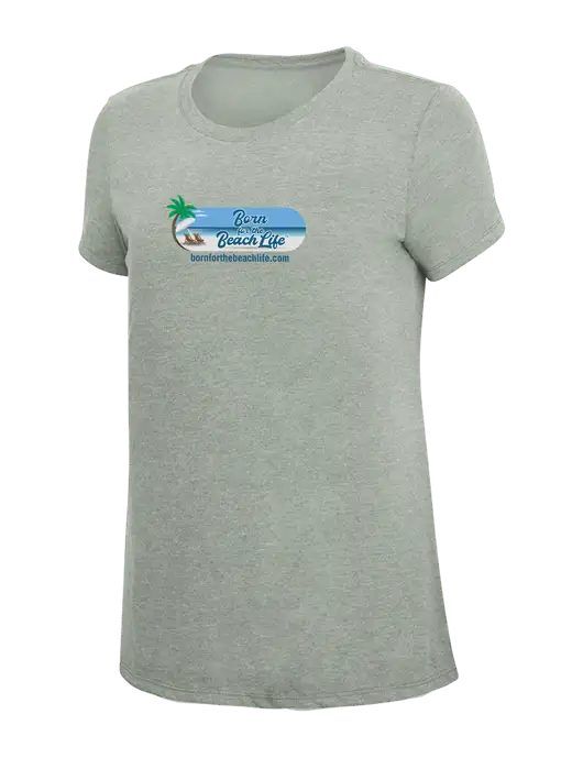 Womens Simply Soft Heathered Light Grey 4.5oz Poly/Combed Ring Spun Cotton T-Shirt w/Beach Life Logo
