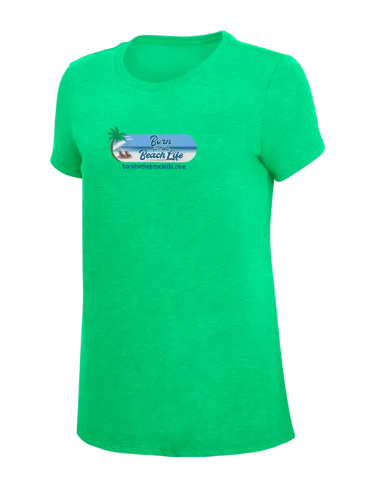 Womens Simply Soft Green Frost 4.5oz Poly/Combed Ring Spun Cotton T-Shirt w/Beach Life Logo