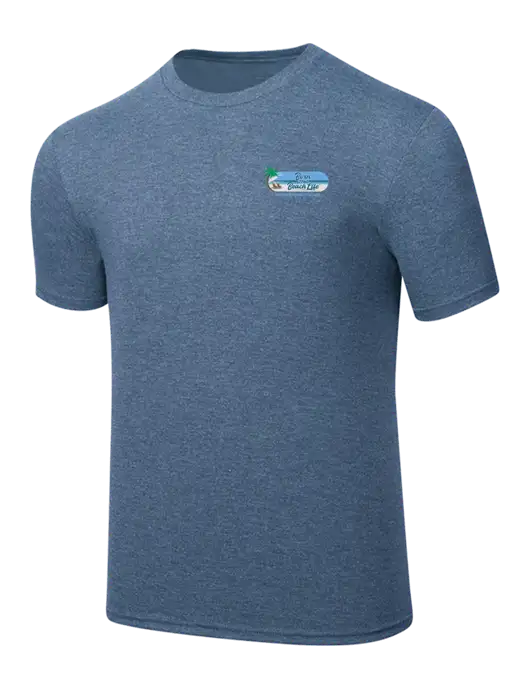 Simply Soft Light Slate Blue Heathered 4.5oz  Poly/Combed Ring Spun Cotton T-Shirt w/Beach Life Logo